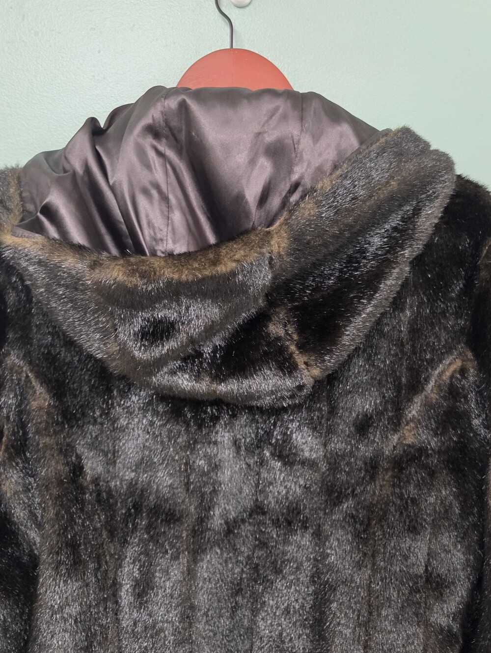 Anne Klein Faux Fur Chocolate Brown Hooded Coat Womens Large Mobwife Lux - Picture 10 of 11